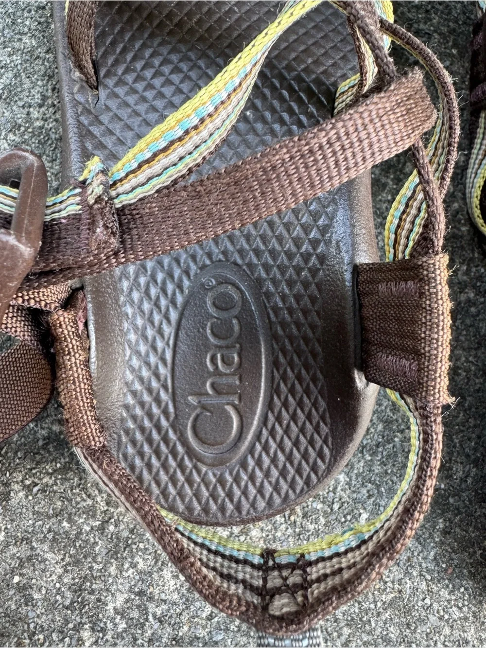 Chaco Kids Brown Sandals with Yellow and Green Stripe Size 1 No Toe Strap